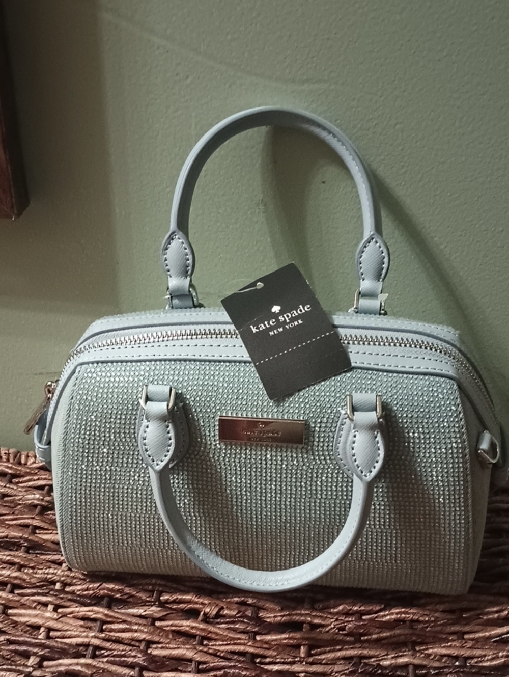 kate spade Sparkle Pale Blue Textured Mini Satchel  With Dust Bag & Long Handle